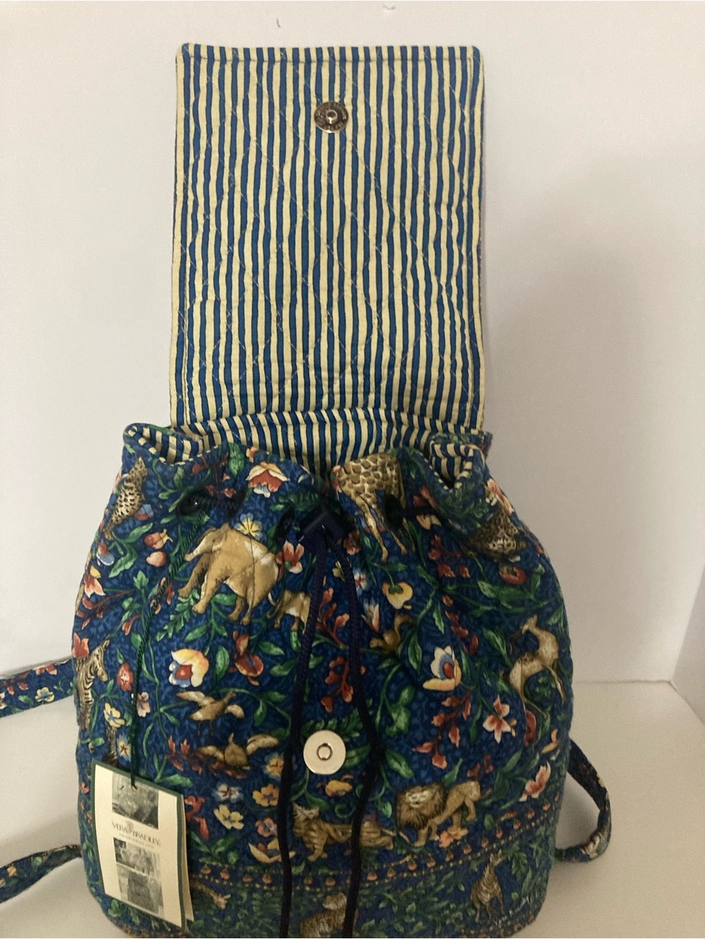 Vera Bradley Navy Floral & Animal Print Quilted Drawstring Backpack. Item# TSbp1 - Picture 3 of 7